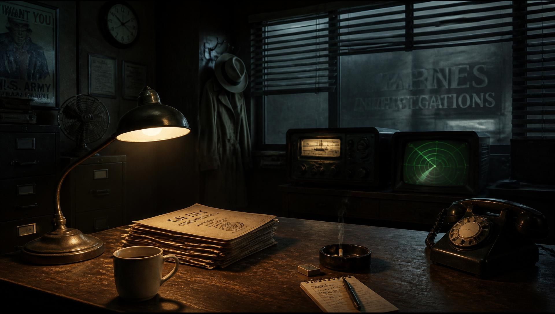 A 1950s detective desk with a flickering lamp, cold coffee, and case files beneath a green radar glow